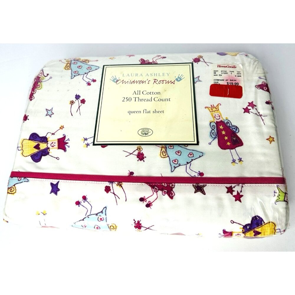 NEW 2001 Laura Ashley Queen Flat Sheet Fun Fairies Hearts Flowers All Cotton